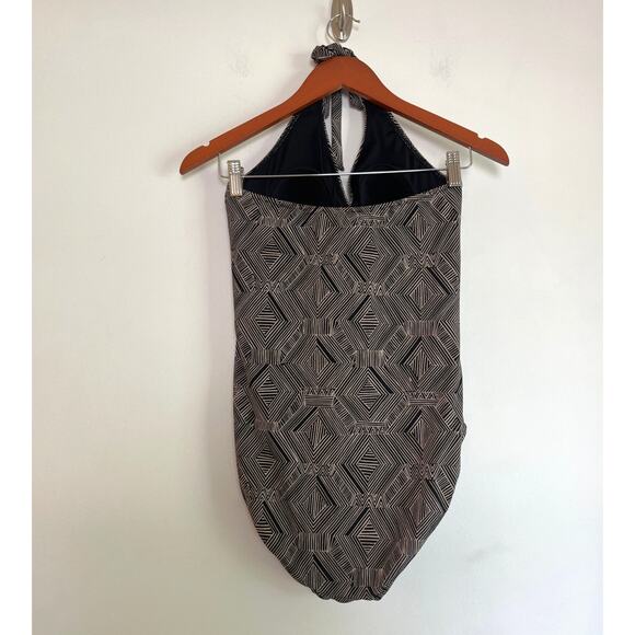 Garnet Hill Womens Geometric Print Halter Neck One Piece Swimsuit Sz 8 Black Tan - Picture 2 of 6